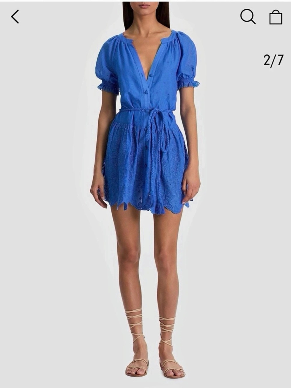 alice+olivia Thyla Tie-waist eyelet cotton A-line mini dress in Blue Iris. Small